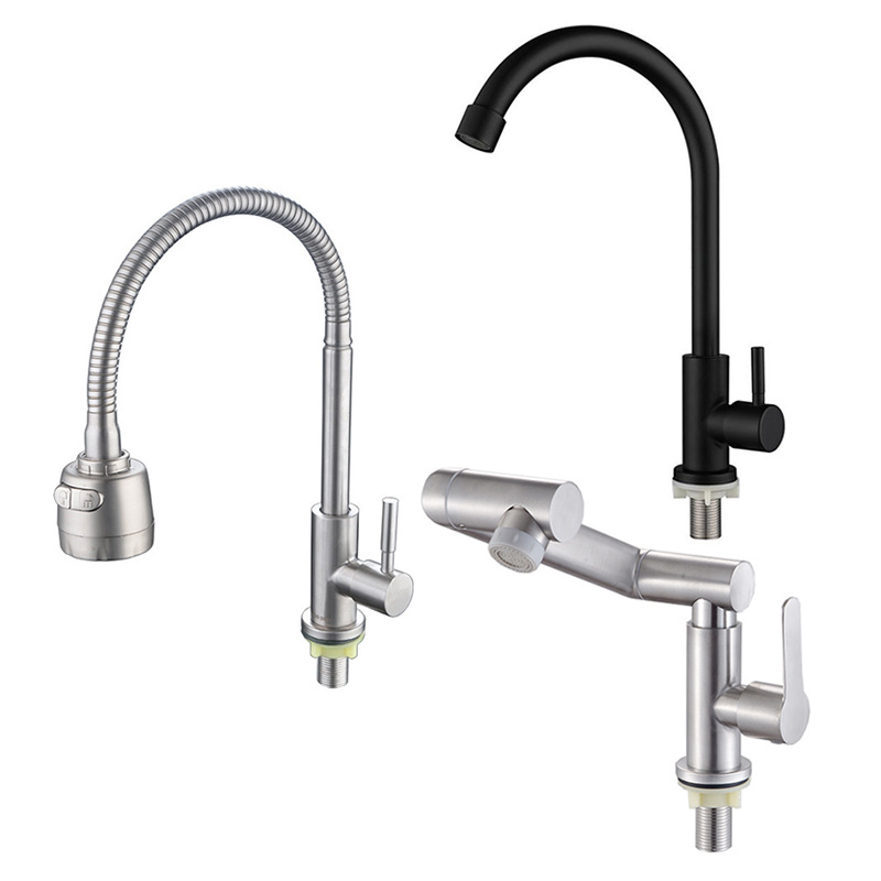 The stainless steel 304 kitchen single-cooling faucet for foreign trade is a household kitchen sink for washing dishes and vegetables. The faucet can be rotated full figure