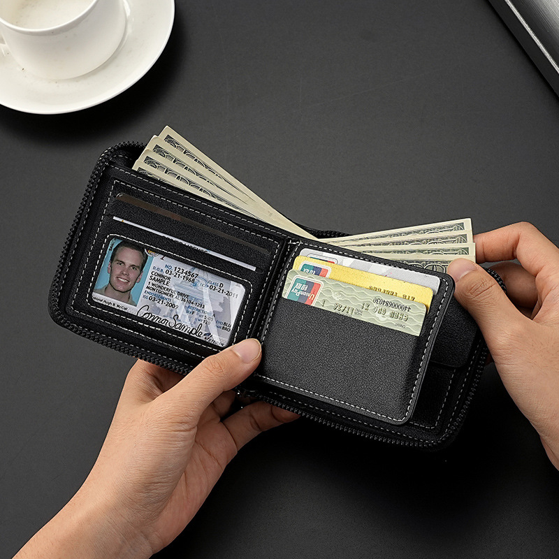 New men's wallet, fashionable and retro, large-capacity wallet, zipper bag, coin purse, men's short chain wallet details Picture