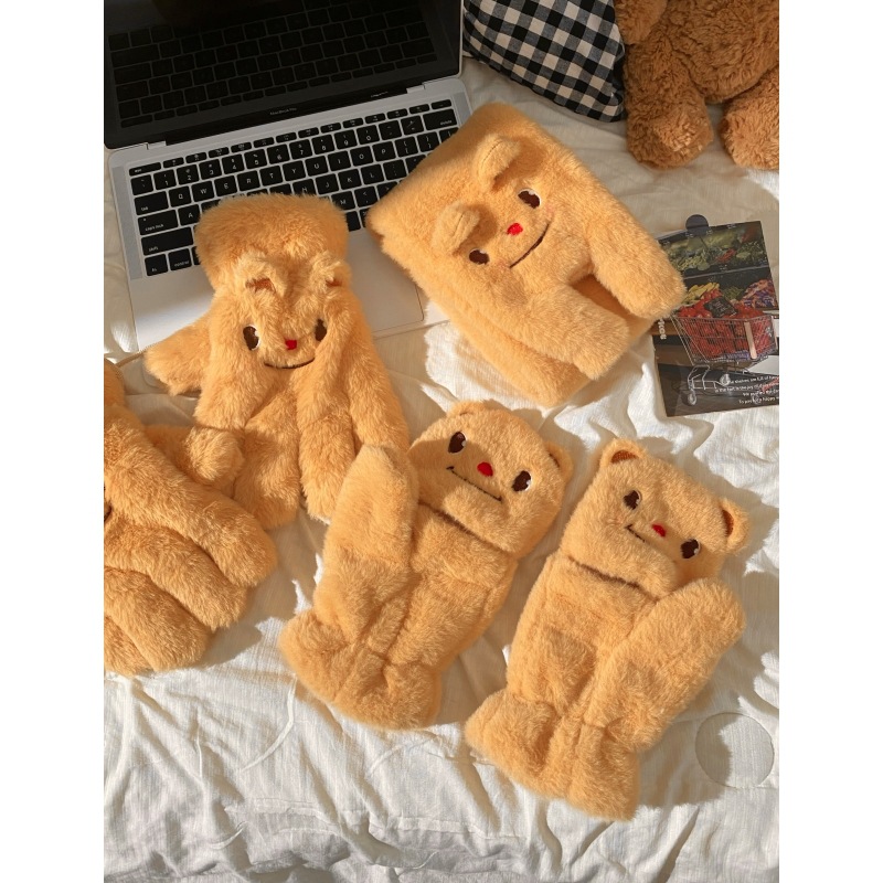 Cute little bear half-finger-flip plush gloves for girls to keep warm in autumn and winter, with thickened fleece. Cute students to keep warm when writing Item Picture