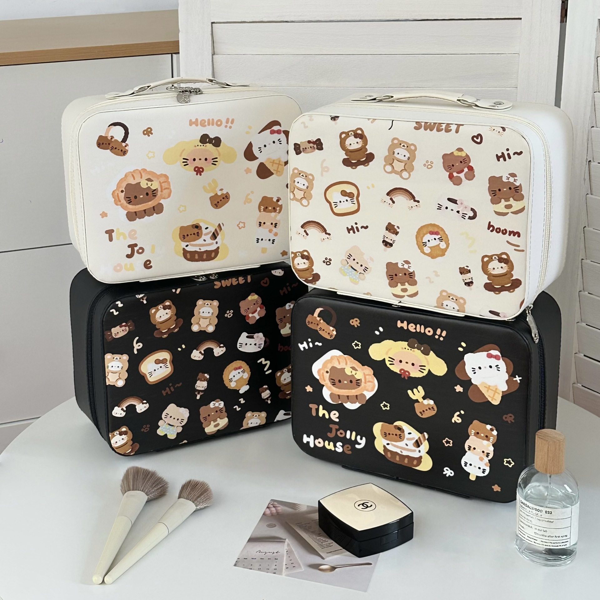 Cartoon cat makeup box, small suitcase, high appearance level makeup artist follow makeup, large capacity portable storage box with mirror details Picture