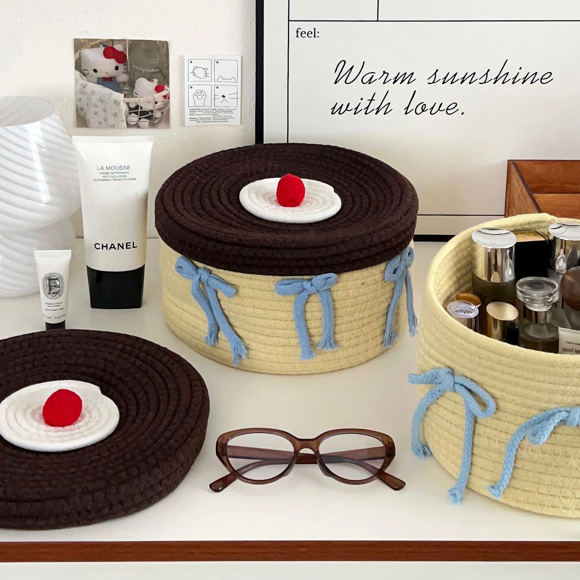 Home covered storage basket, desktop storage box, ins hand-woven storage basket, cotton rope, bedroom basket, round full figure