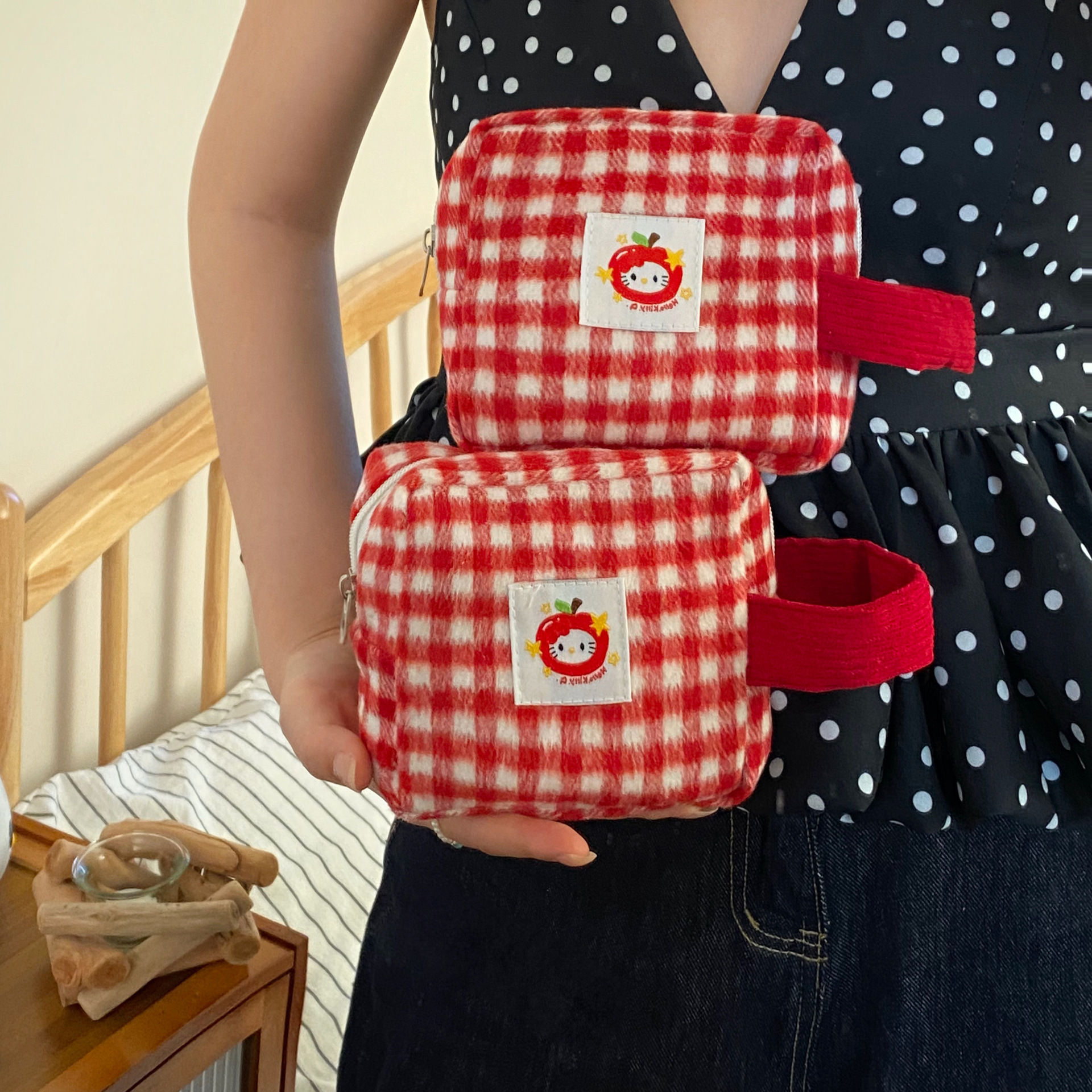 New red checkered storage bag, cute Ins-style square toiletry bag, portable travel essential makeup bag for women details Picture