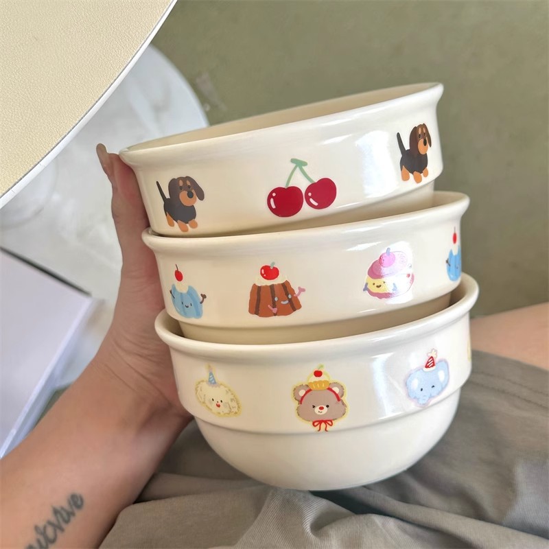 Cartoon cream hand-painted rice bowl ceramic tableware, high appearance level, household dessert bowl, yogurt salad bowl, household rice bowl details Picture