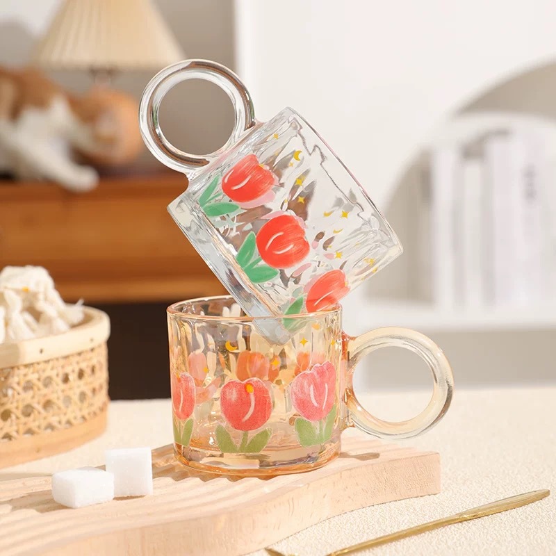 Ins-style tulip glass cup, girlish home water cup with handle, cold drink cup, breakfast coffee cup, juice cup Specification drawing
