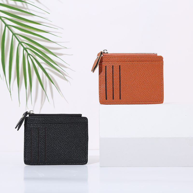 Ladies' bag, card case, simple and elegant coin purse, small zipper, solid color, lychee pattern business card holder details Picture