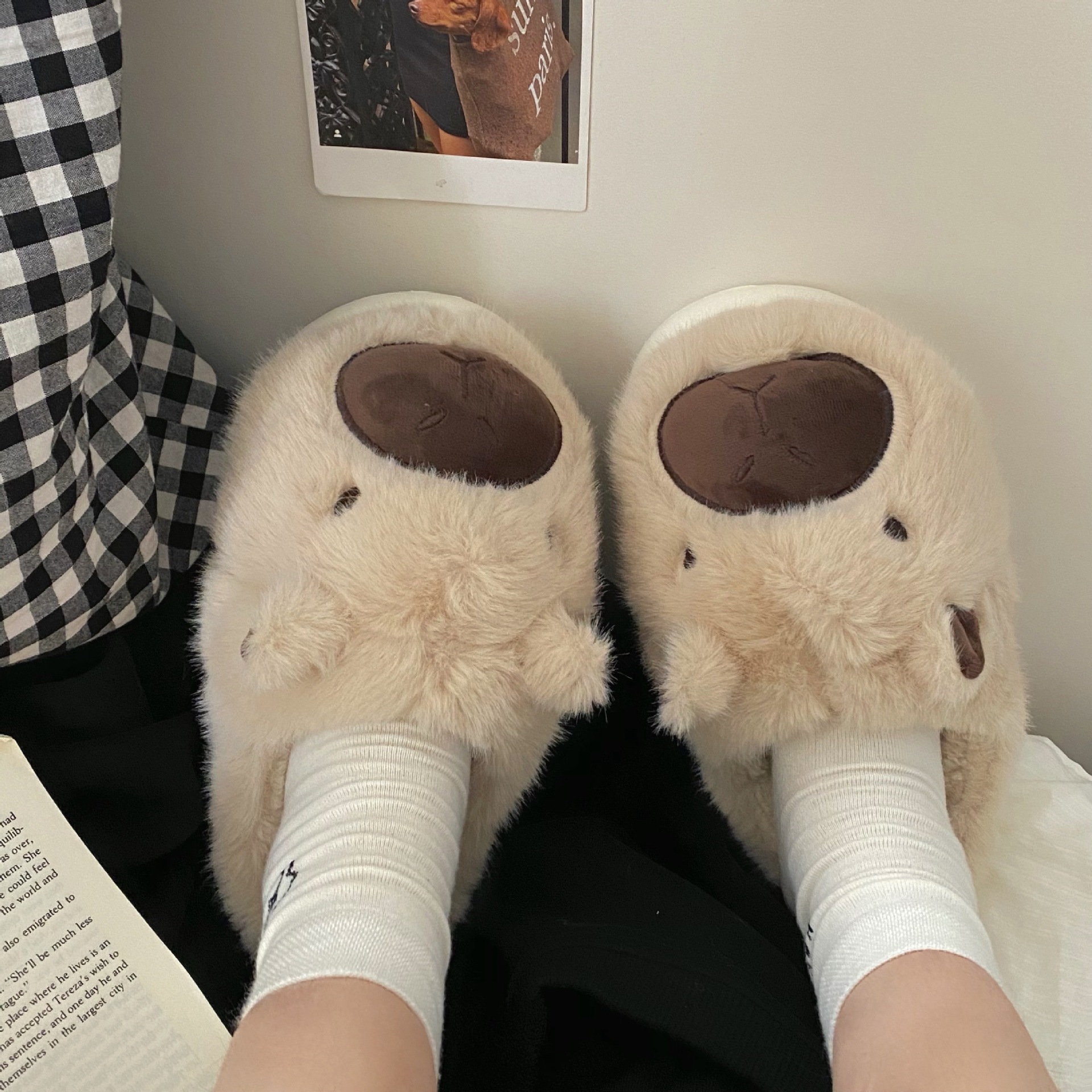 Kapibala couple Cotton Slippers for Women 2024 Autumn/Winter New Indoor Home cartoon plush cotton shoes, fluffy slippers Specification drawing