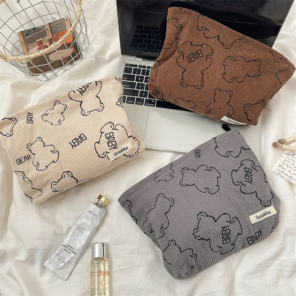 29272 Corduroy printed cute bear makeup Bag, mobile phone bag, women's portable lipstick cushion storage bag full figure
