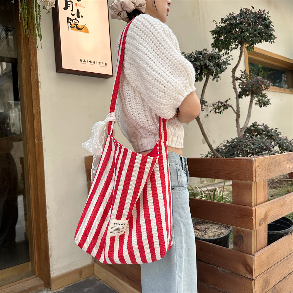 48302 Instagram trendy Korean striped bag, fashionable and versatile shoulder bag, new canvas bag for carrying while shopping Specification drawing