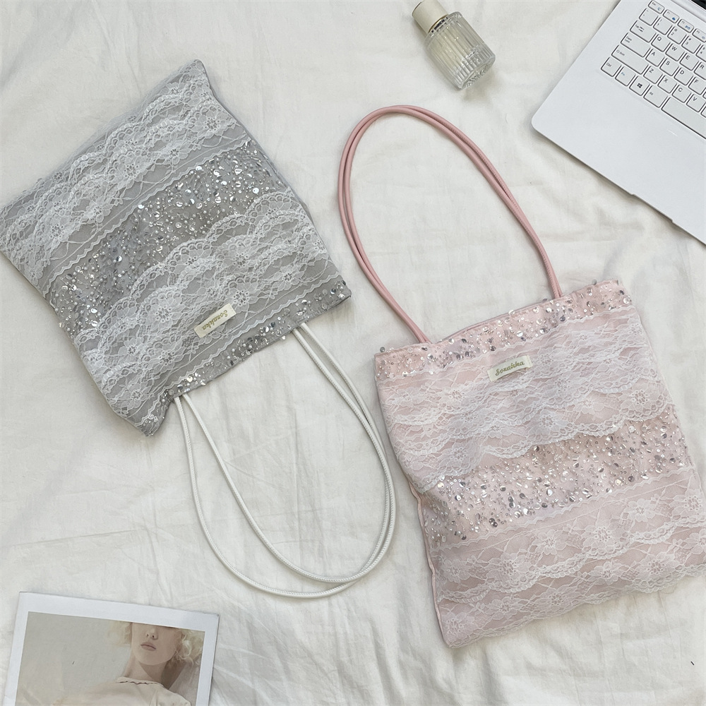 54151 Large-capacity patchwork purple lace tote bag 2025 Sequined hand-held underarm bag for women's commuting single-shoulder Specification drawing