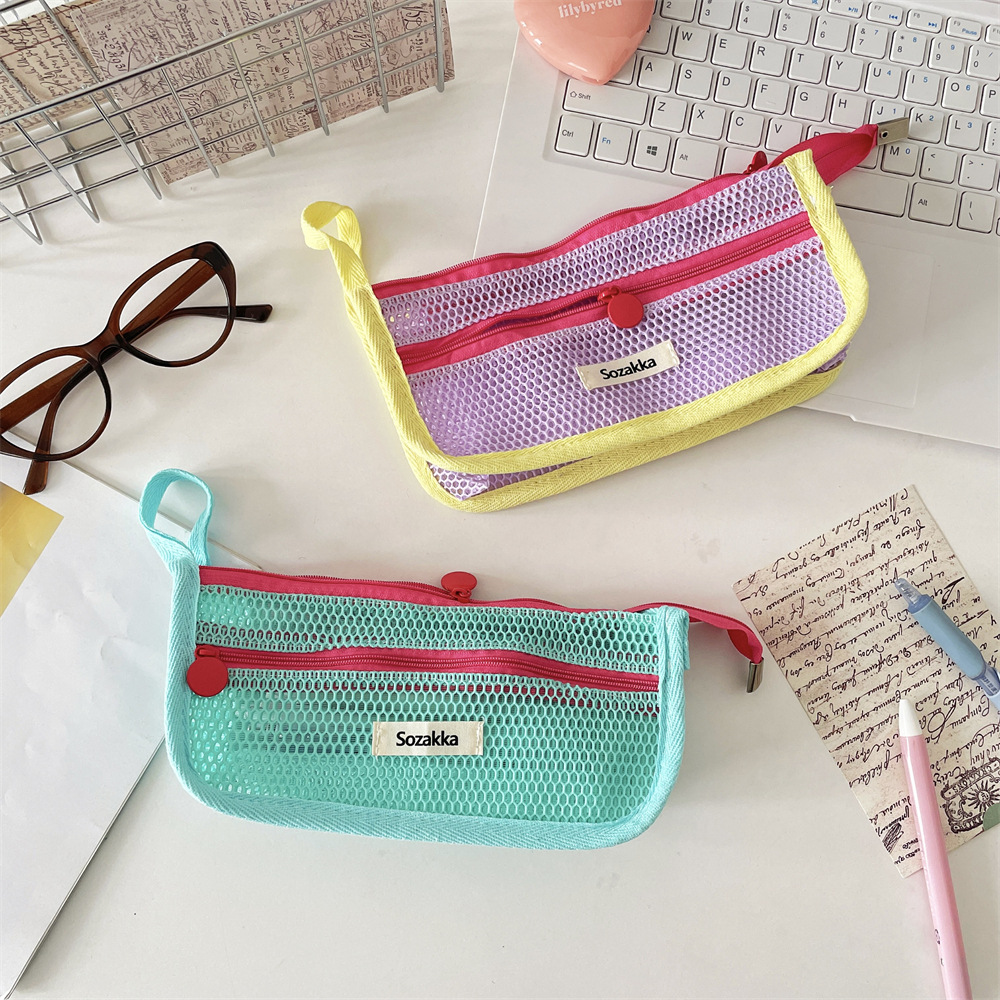 5612 Dopamine color-blocking cosmetic Bag, Large capacity pen case, Stationery Storage Bag, Portable mesh Pencil case Specification drawing