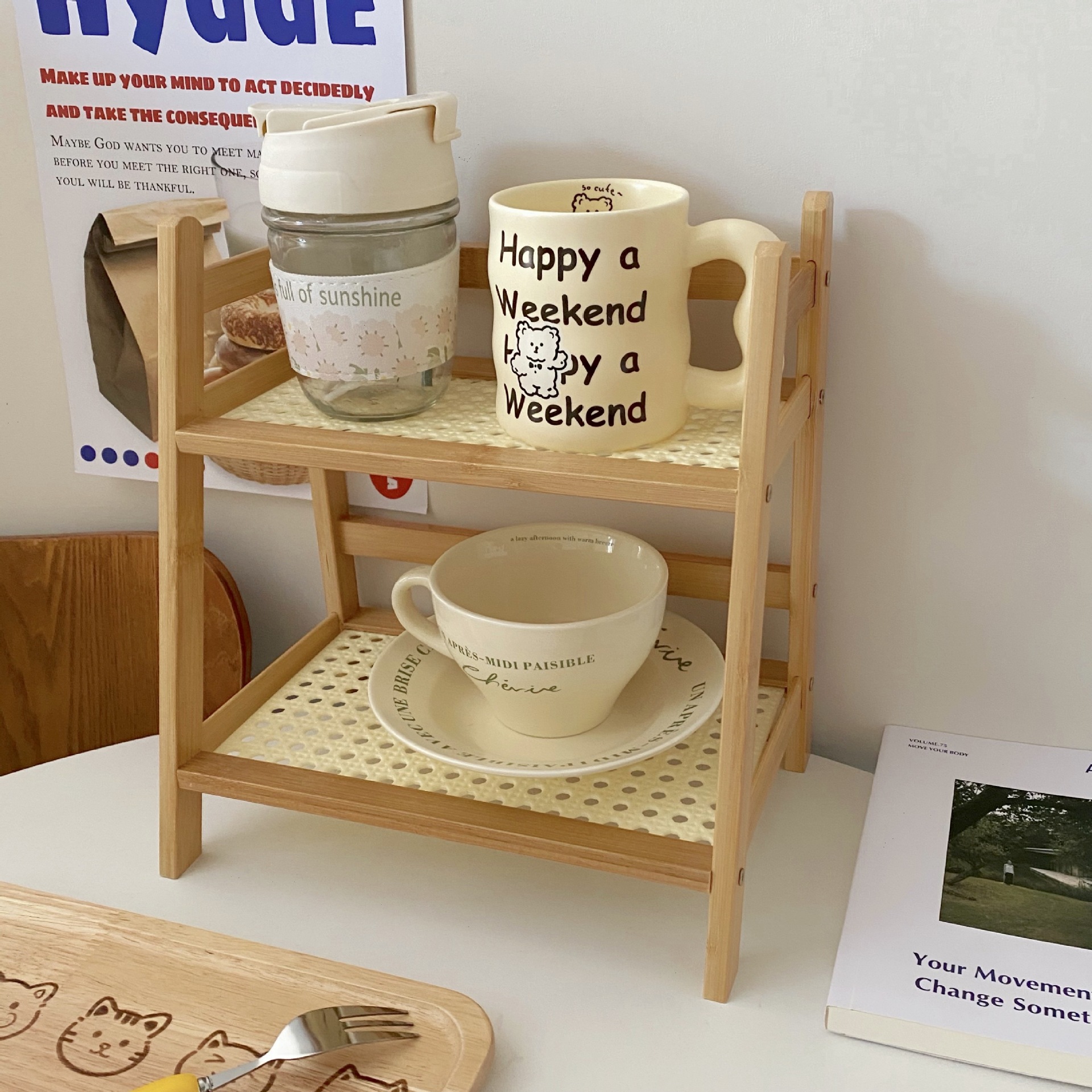 ins Chinese-style rattan cream-colored double-layer desktop storage rack for dormitories, bedrooms, offices, kitchens, cup holders and organizing racks Specification drawing