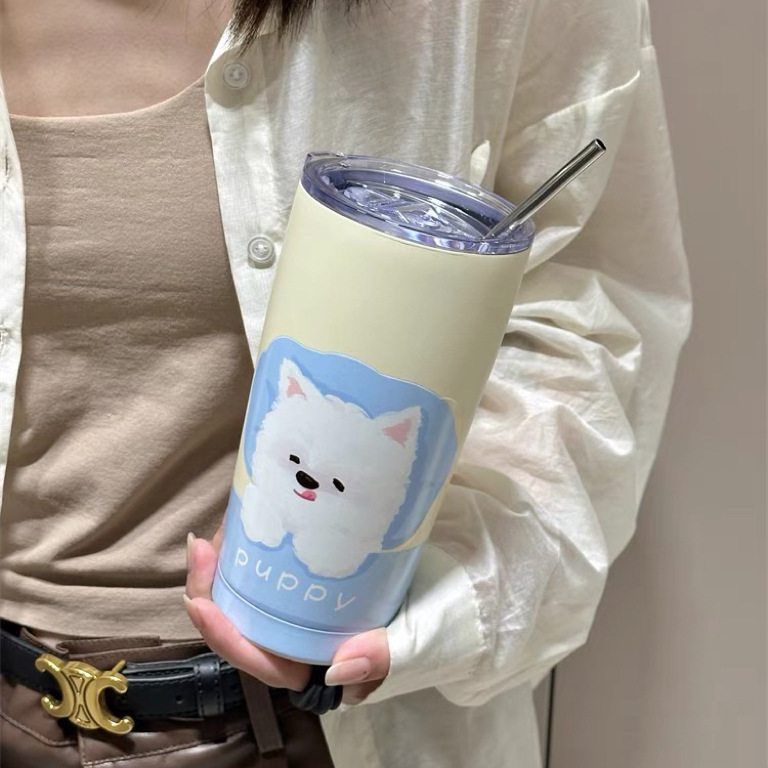 Korean-style cartoon puppy insulated cup, high appearance level 304 stainless steel water cup, high-temperature resistant portable straw cup, coffee cup details Picture