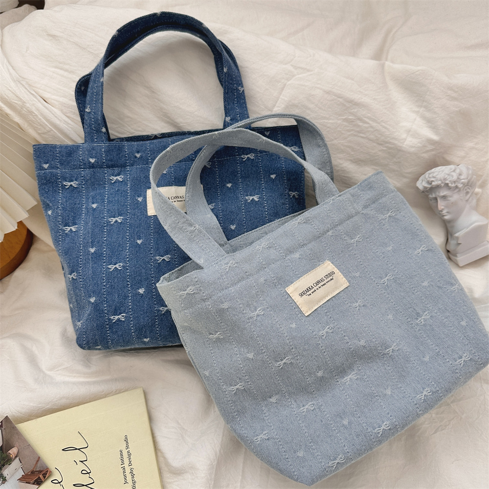 410124 Denim color handbag, retro autumn office worker portable bento bag, hand-held Mommy lunch box bag full figure