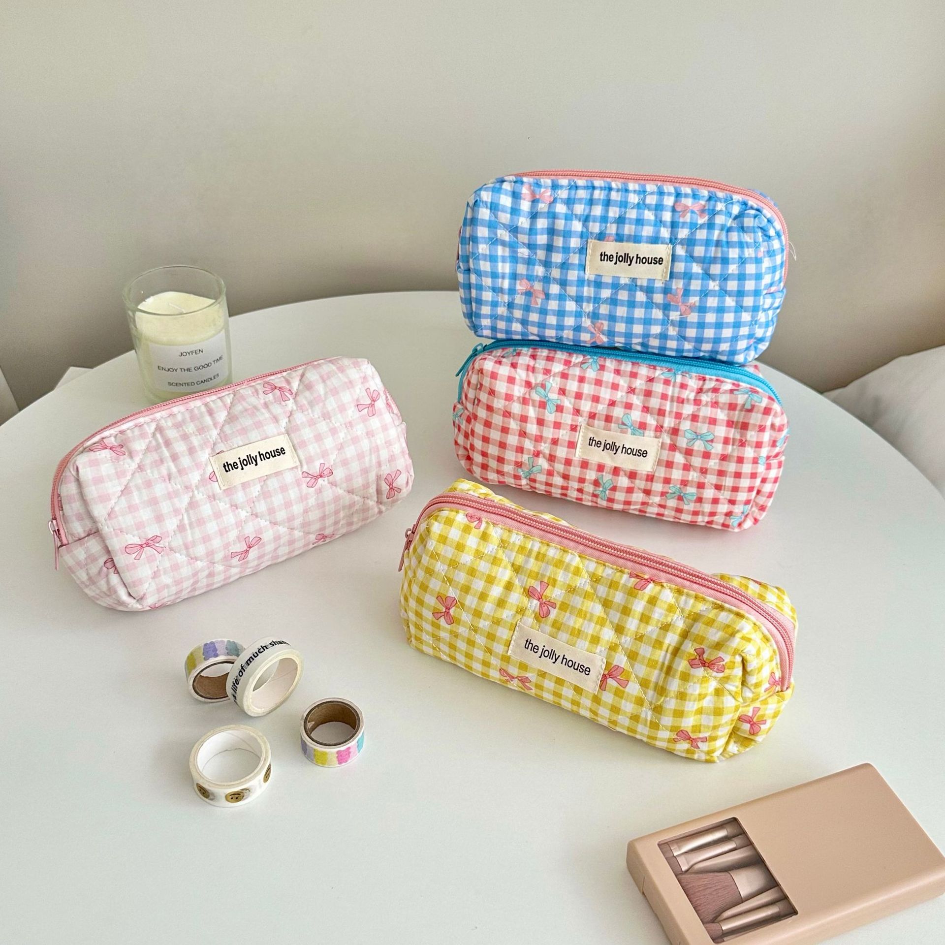 Ins-style sweet checkered bow pen case, Korean girlish large-capacity stationery storage bag, student pencil case full figure
