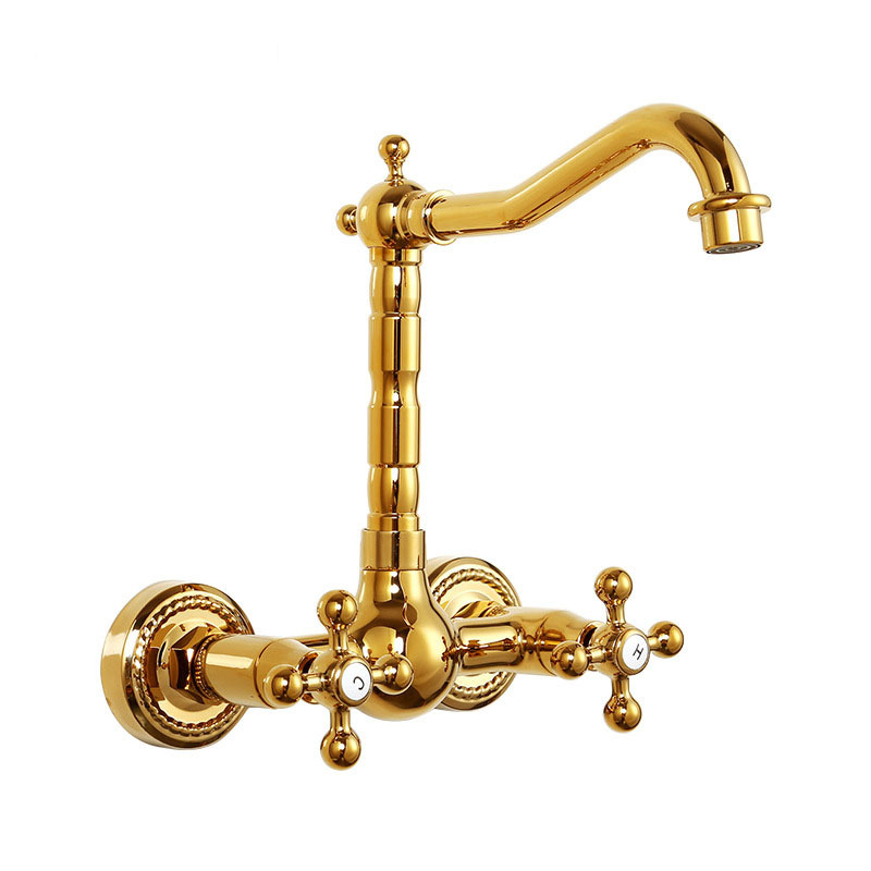 Antique all-copper wall-mounted cold and hot washbasin faucet, wall-mounted household double-handle balcony washbasin faucet Item Picture