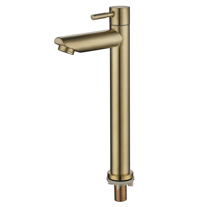 SUS304 stainless steel brushed gold single cold washbasin faucet, bathroom countertop basin, 4-inch interface pvd process Item Picture