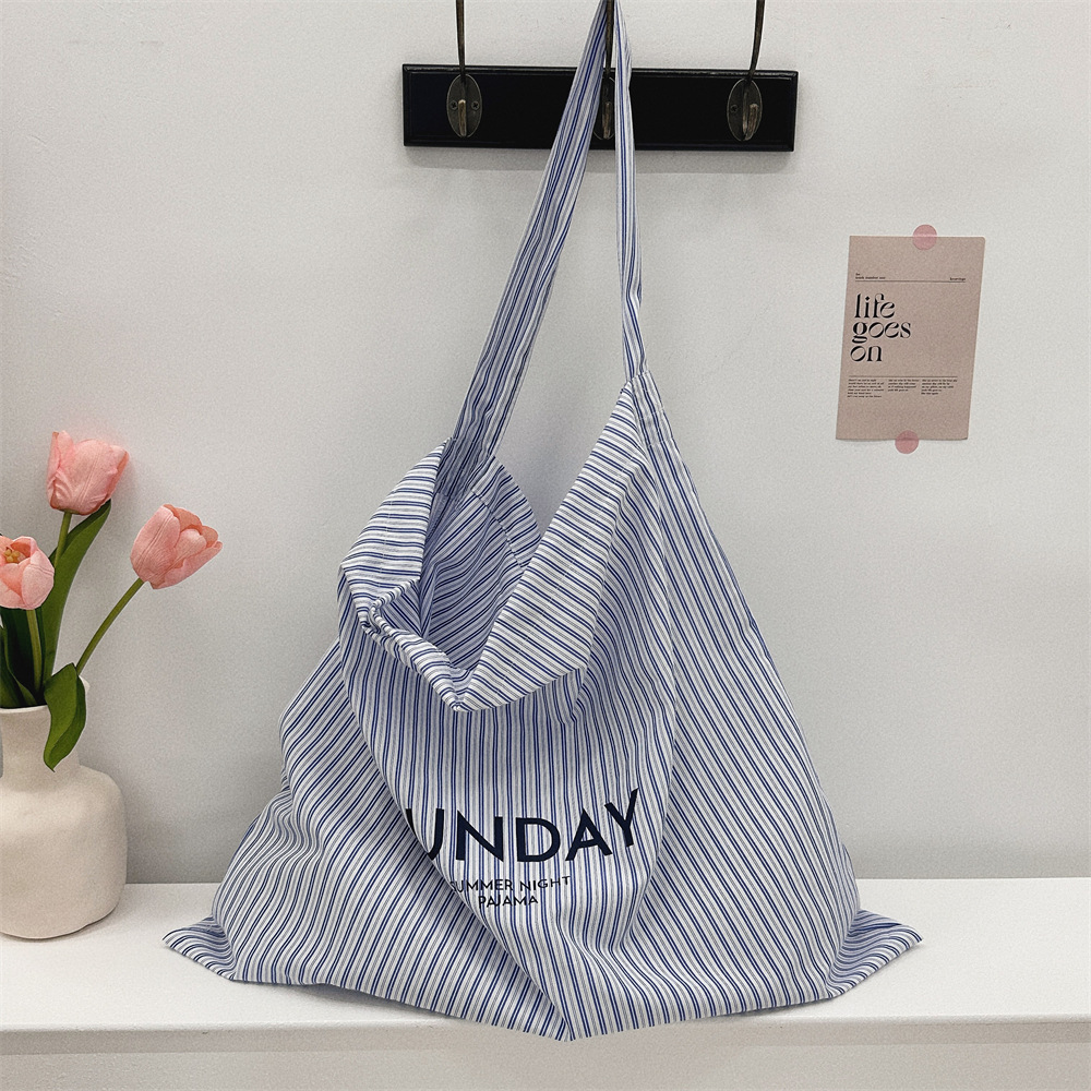 47271 Summer Letter blue and white striped canvas bag, casual and laid-back style, large-capacity single-shoulder crossbody underarm bag full figure