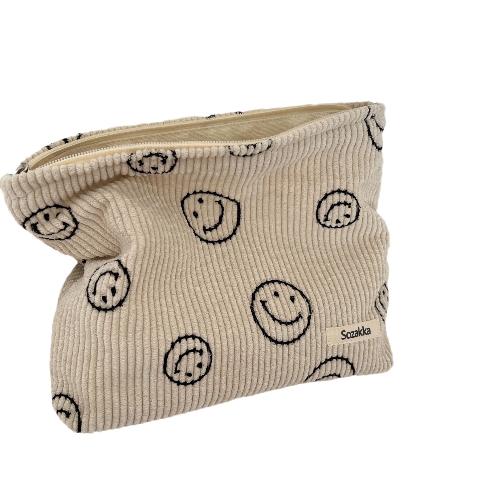 【 In Stock 】111291 Corduroy Smiley Face Makeup Bag Polka Dot Retro Smiley Face Storage Toiletry hand-held Bag Pen case Item Picture