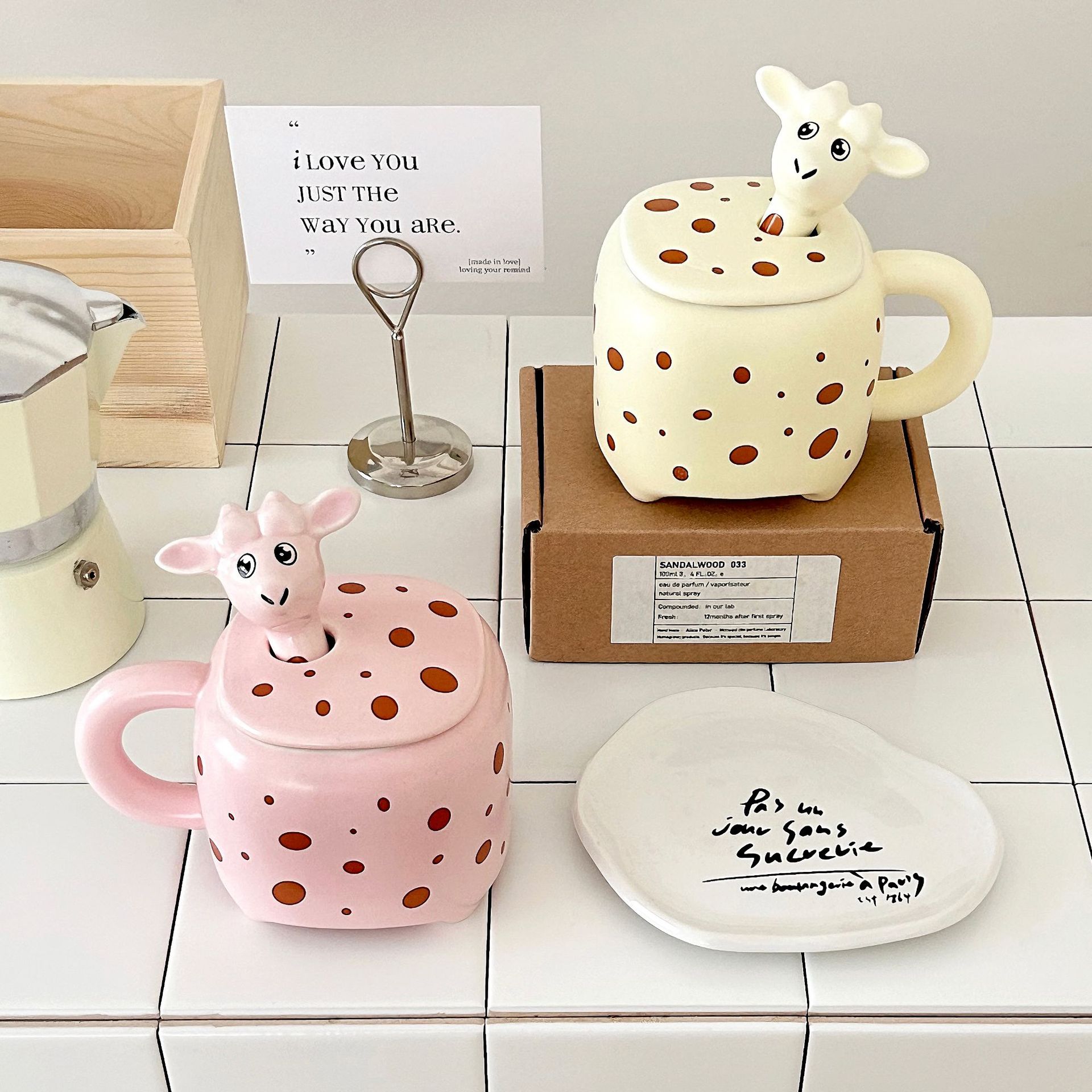 Milk fufu giraffe mug, high appearance level, home breakfast cup, covered spoon, ceramic cup, couple cup, souvenir details Picture