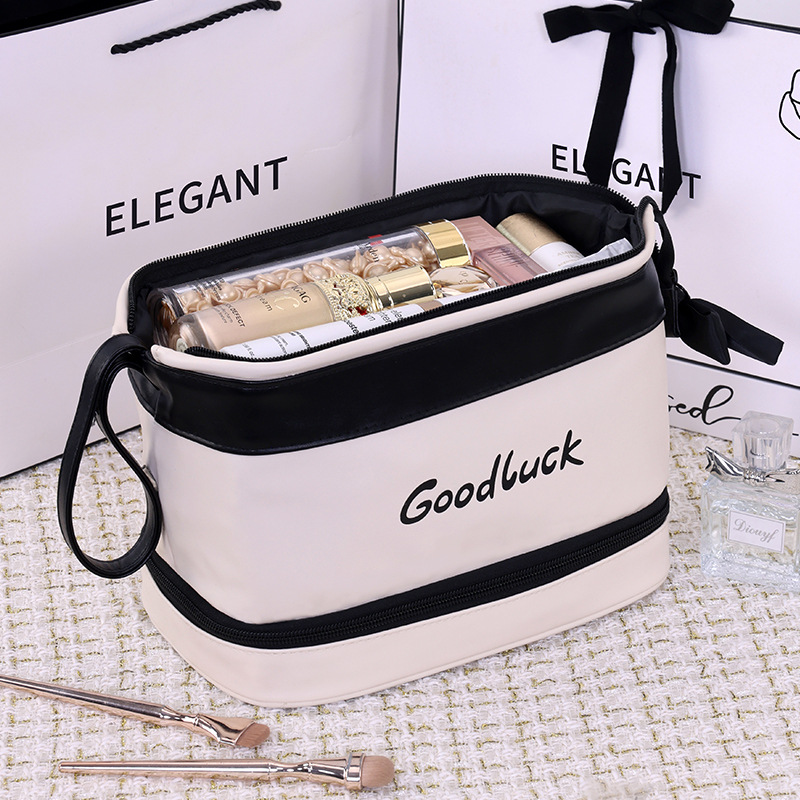 Cross-border high-end, large-capacity double-layer pu makeup bag, business trip and travel makeup brush storage bag, portable toiletry bag Specification drawing