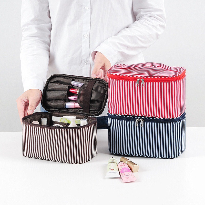 New simple striped makeup bag, hand-held cosmetics storage bag, travel portable large-capacity square toiletry bag full figure