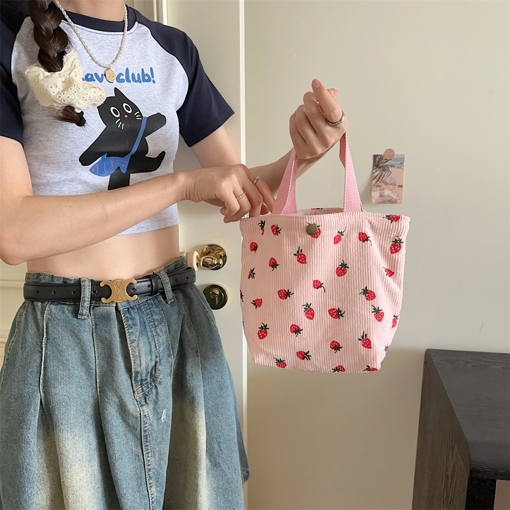 47273 Fashionable corduroy strawberry-printed large-capacity casual single-shoulder bag for commuting and outings details Picture