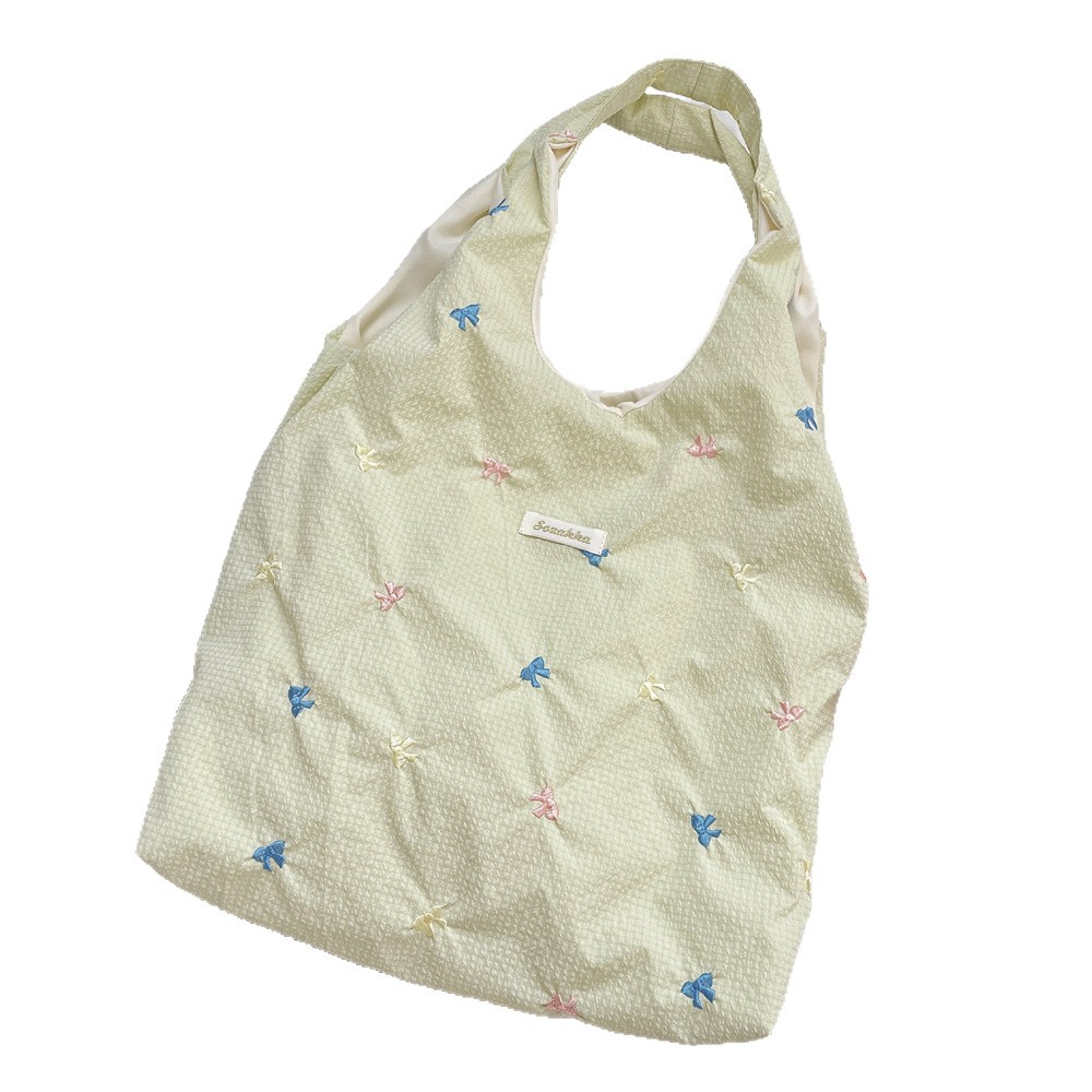5692 Summer New Fresh embroidered bow single-shoulder bag, vest style, underarm bag, large capacity canvas bag Item Picture