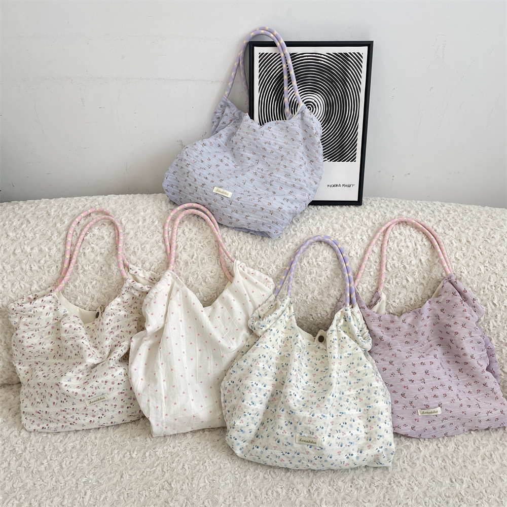 5493 New Chiffon cherry flower large-capacity single-shoulder canvas bag, daily commuting underarm single-shoulder tote bag details Picture
