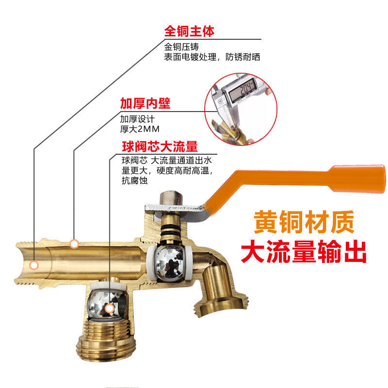 Cross-border exclusive faucet wholesale, brass, garden, outdoor, balcony, mop, sink, one in and two out, household double-hole faucet details Picture