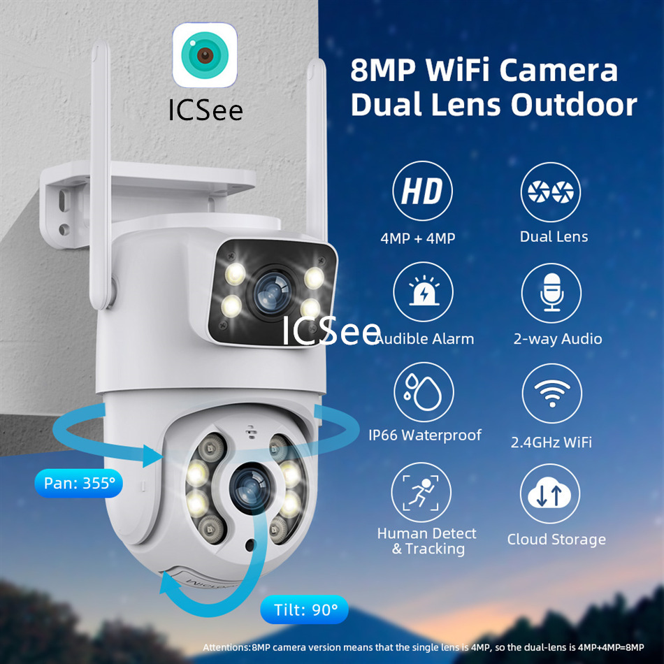 icsee dual-eye wireless WiFi high-definition 8MP dual-screen dome camera, indoor and outdoor waterproof 360-degree monitor details Picture