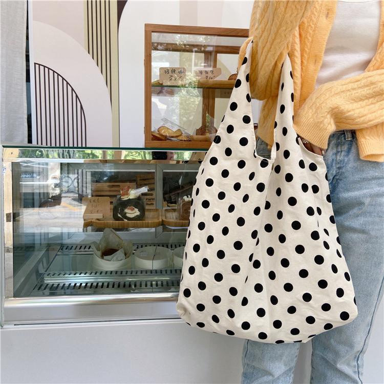 0771 Korean-style chic polka dot tote Bag for female students, simple and retro Artistic canvas bag, hand and shoulder bag wholesale Specification drawing