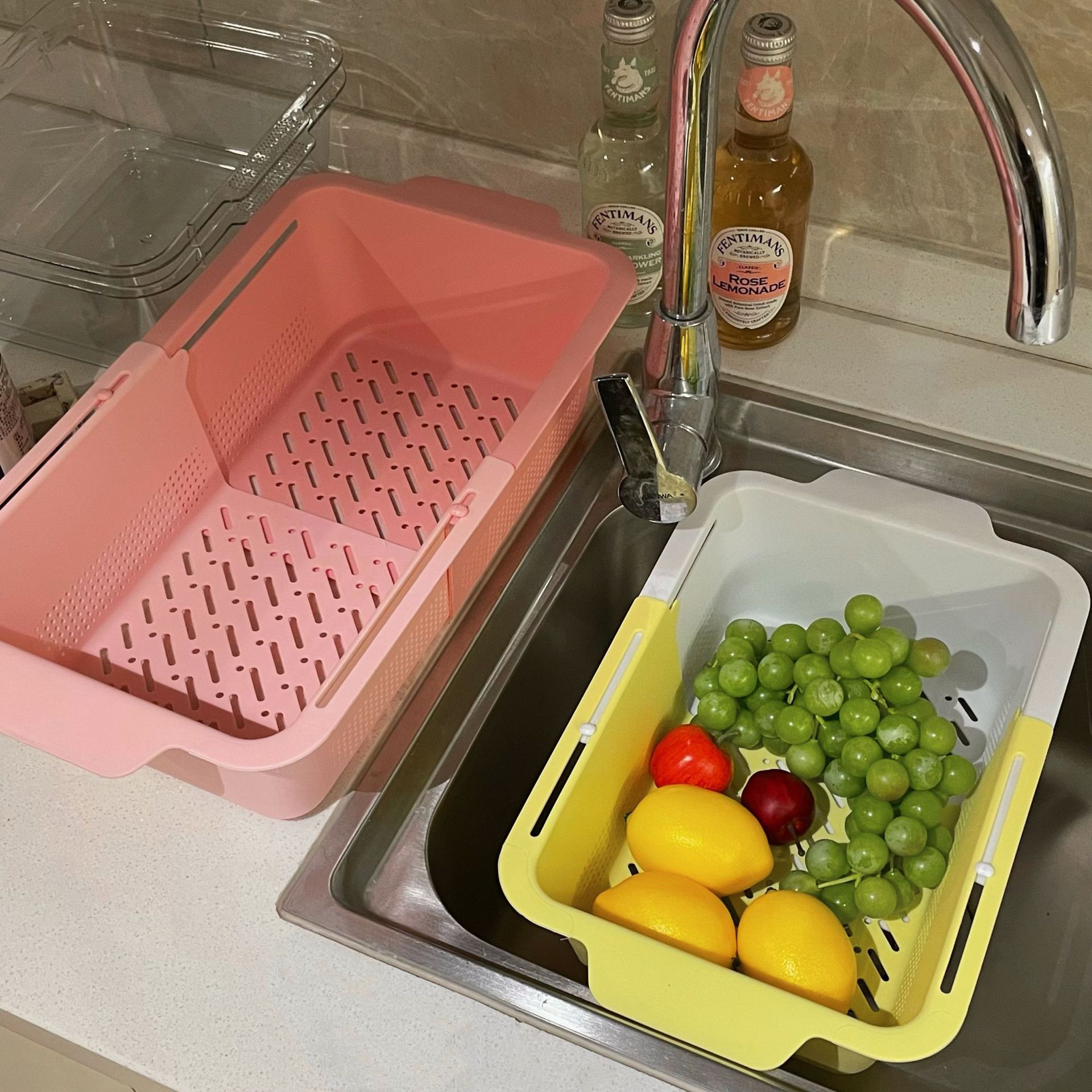 Retractable draining basket, macaron-colored double-layer dual-purpose multi-functional fruit plate, vegetable basket, home kitchenware Specification drawing