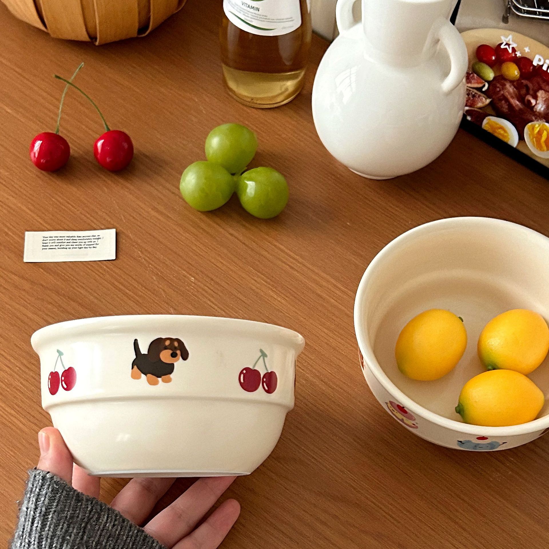"ins matte cartoon ceramic noodle bowl with milk and milk, home with a girlish heart, drinking soup and porridge, breakfast yogurt bowl, rice bowl. Specification drawing
