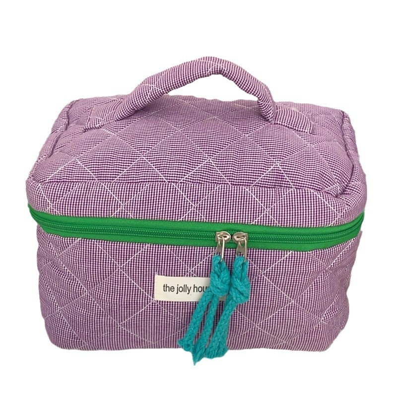 Creative color-blocking checkered makeup bag for women, large-capacity makeup brush storage bag for Instagram, portable hand-held travel bag for going out Item Picture