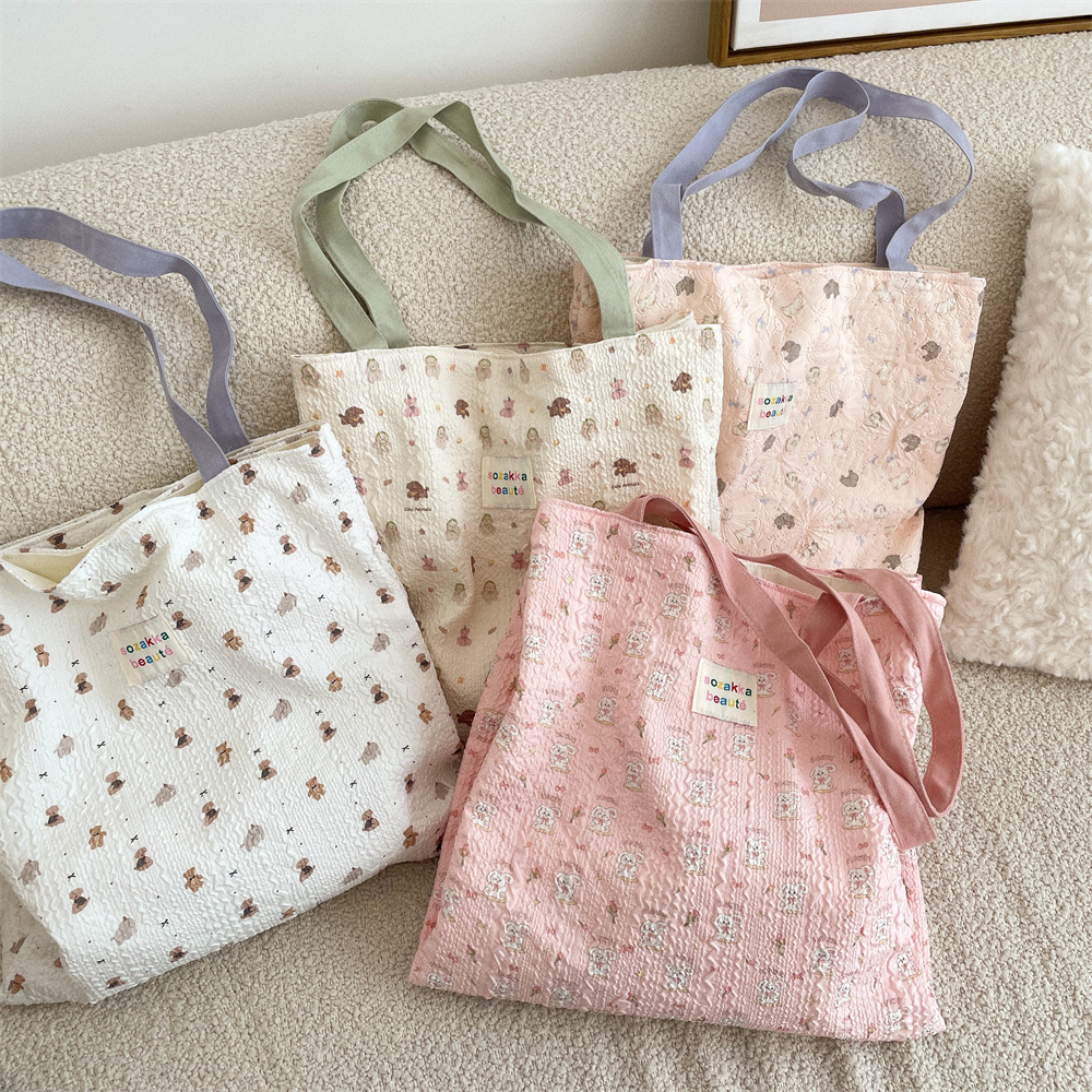 4431 New sweet cartoon bear embossed single-shoulder bag, double-layer shopping bag, cute student casual underarm bag details Picture