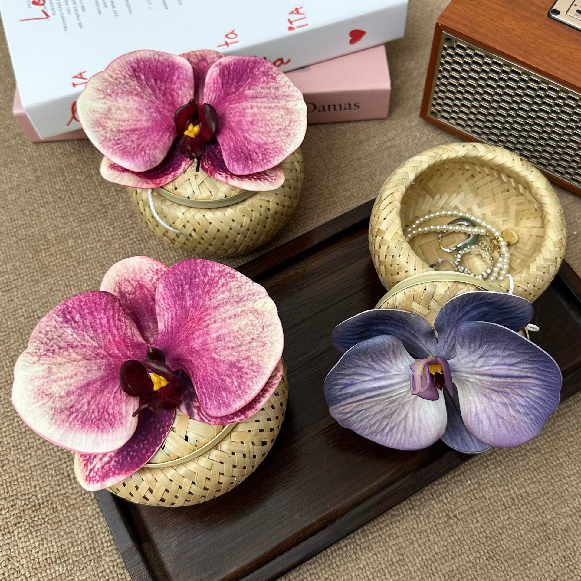 New Chinese-style Phalaenopsis wedding candy box, bamboo weaving storage box, high-end tabletop decoration, wedding and engagement decoration box details Picture