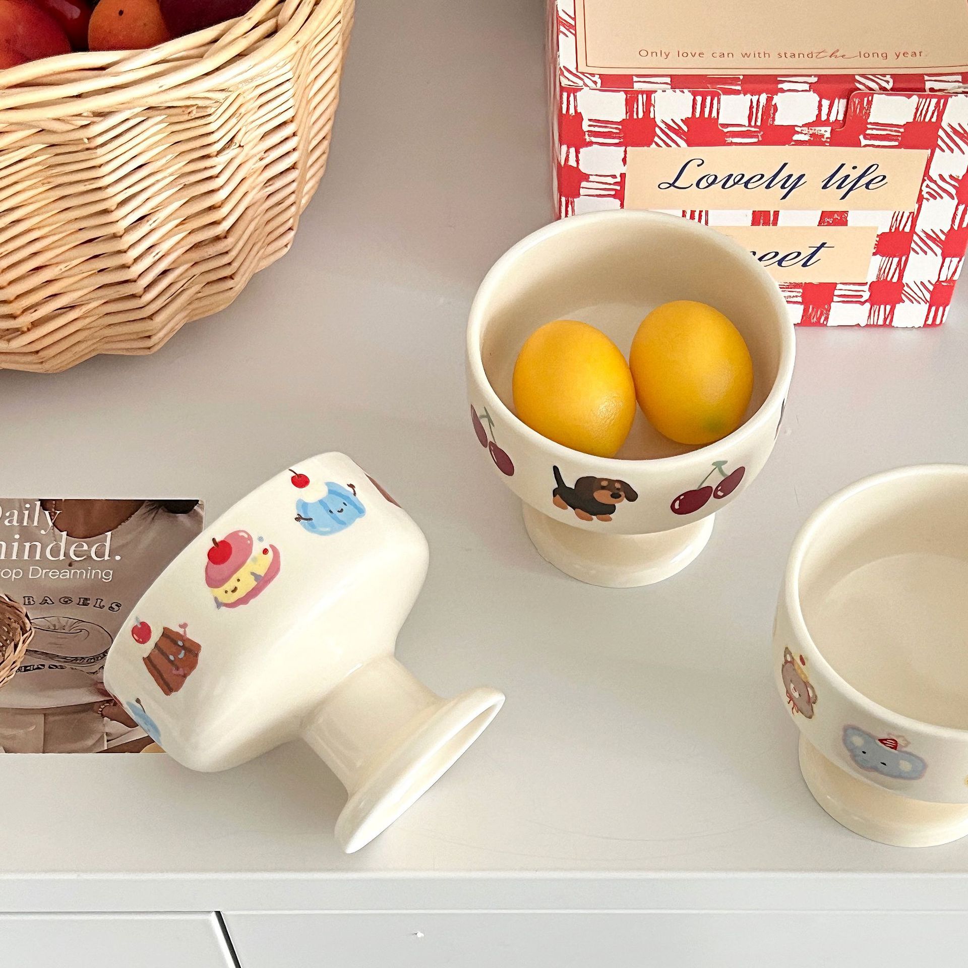 Cute ~ InS-style Korean cream ceramic highball cup, cartoon matte ice cream bowl, home fruit salad bowl Specification drawing