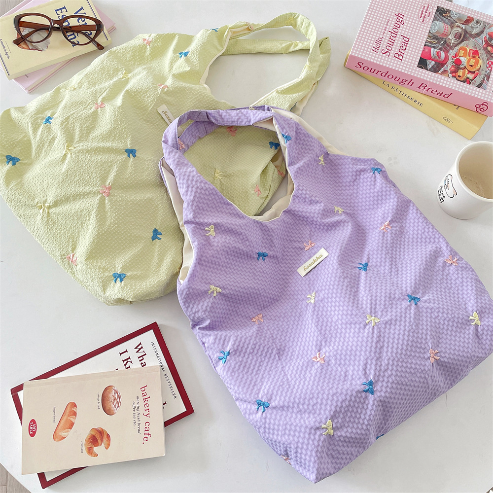 5692 Summer New Fresh embroidered bow single-shoulder bag, vest style, underarm bag, large capacity canvas bag details Picture