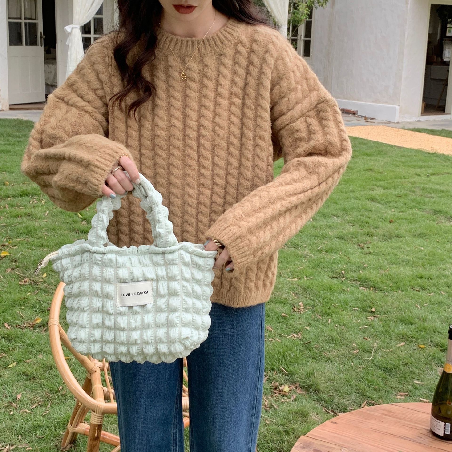 25131 Bubble handbag, portable bag, canvas bag, casual and laid-back style, solid color zipper shopping bag full figure
