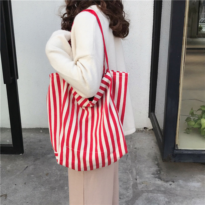 T01 Large-capacity Korean classic retro striped single-shoulder bag, chic and simple canvas bag wholesale, trendy street style cloth bag details Picture