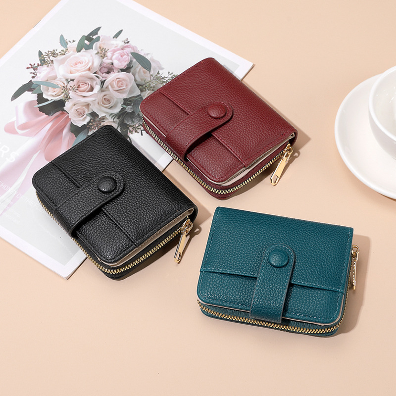 New cross-border zipper coin purse, short wallet, women's fashion solid color lychee pattern multi-slot wallet details Picture
