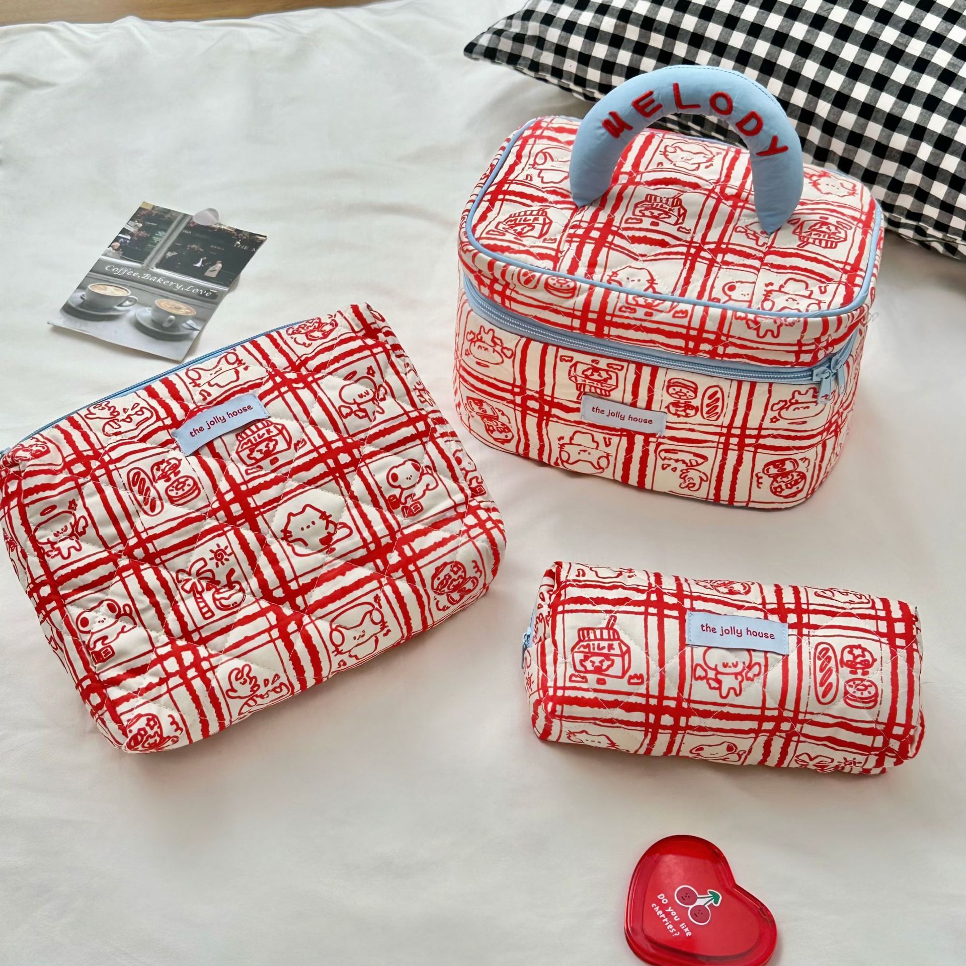 Red checkered cartoon storage bag, makeup bag, large-capacity hand-held toiletry bag for women, portable skin care product storage bag for going out full figure