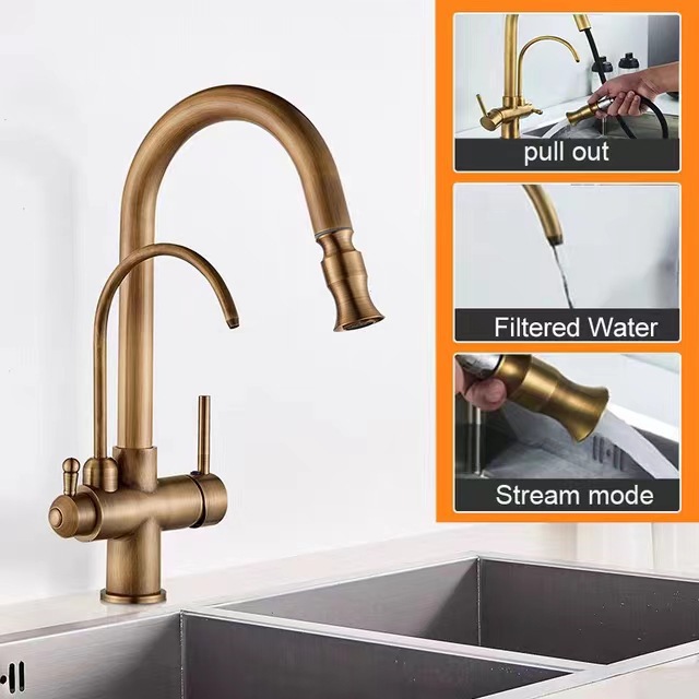 Copper retro European-style pull-out faucet, antique brushed gold sink, pull-out kitchen hot and cold water faucet Specification drawing