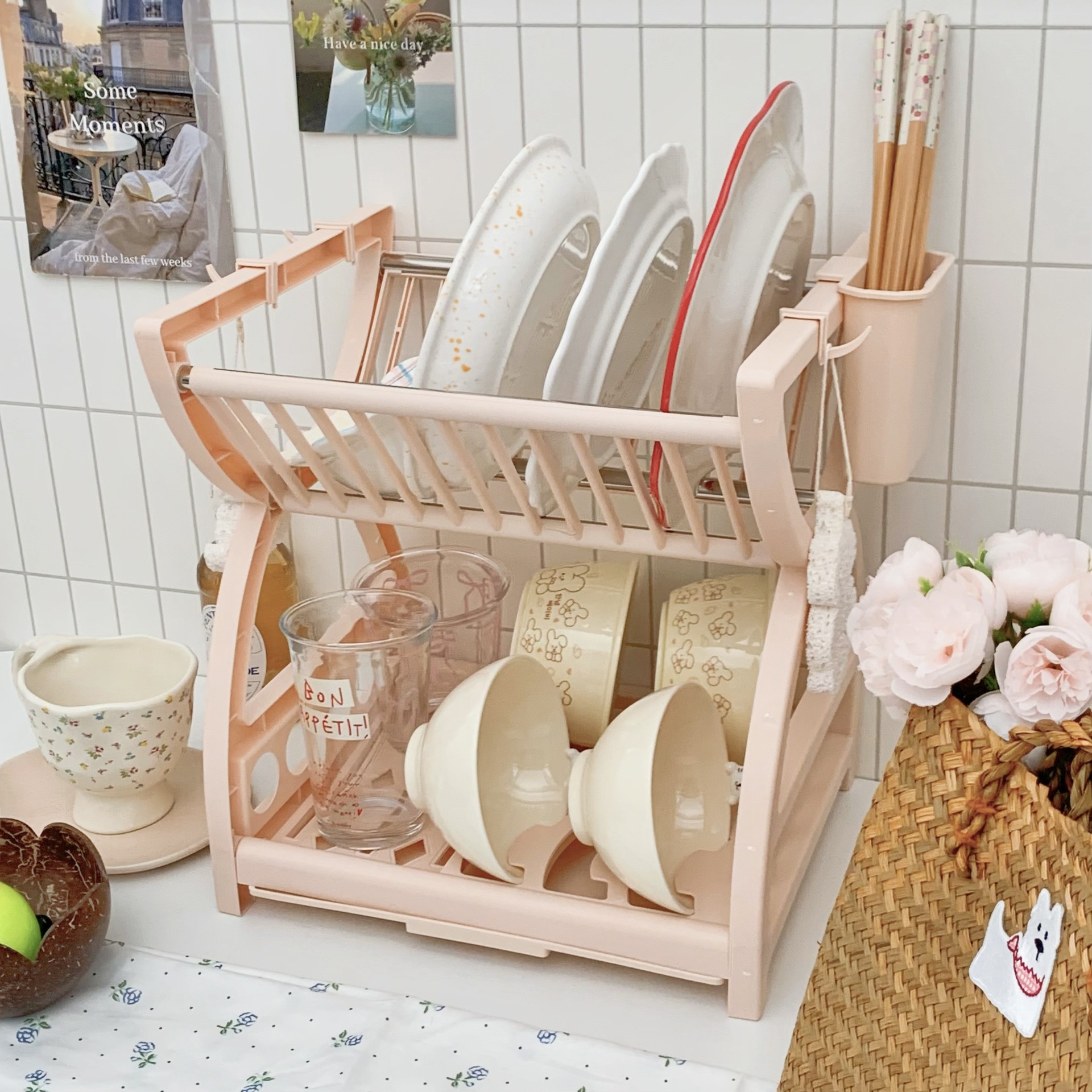 Minimalist kitchen storage rack, multi-functional storage rack for bowls, plates, chopsticks, knives, double-layer tableware draining rack and storage box full figure