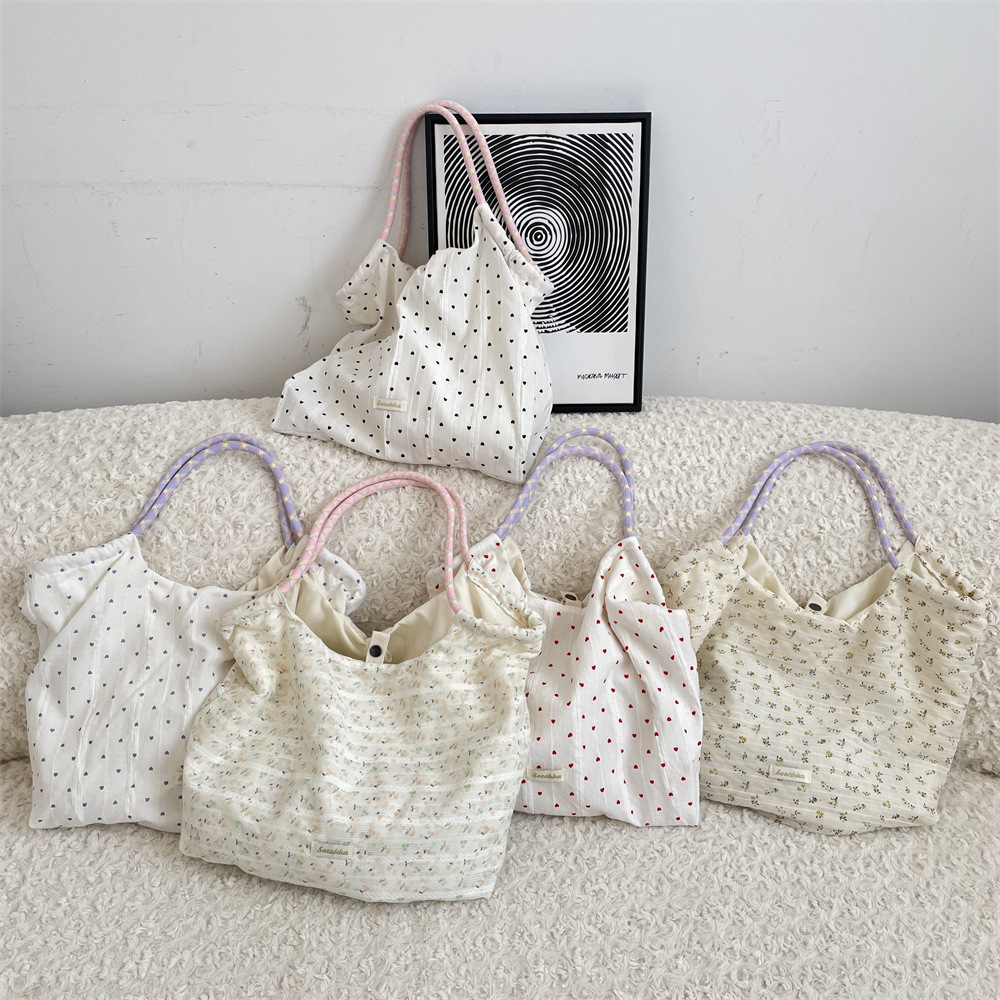 5493 New Chiffon cherry flower large-capacity single-shoulder canvas bag, daily commuting underarm single-shoulder tote bag full figure