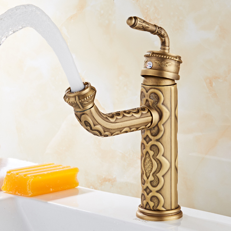 European-style all-copper retro carved faucet, European-style antique washbasin faucet, cold and hot water basin faucet details Picture
