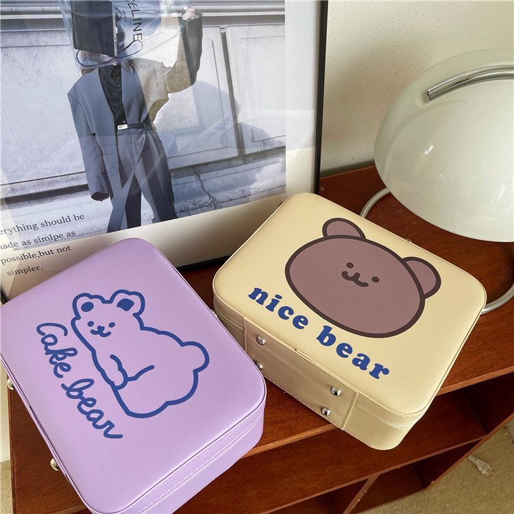 Korean ins high-end cream bear portable makeup case, large-capacity makeup bag, travel mirror portable storage box full figure