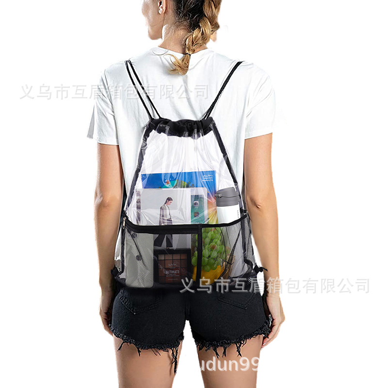 Travel waterproof storage transparent toiletry bag with drawstring, beach bag for storing sports dirty clothes, and backpack for organizing Item Picture