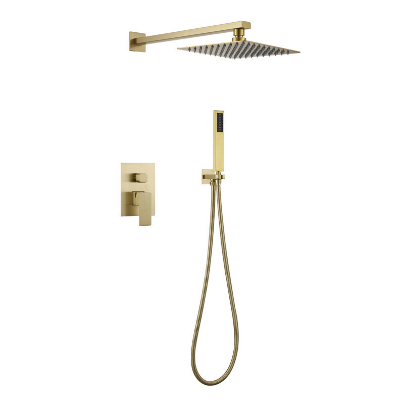 Wholesale brushed gold stainless steel concealed wall-mounted shower head set, copper embedded box, square gold faucet Item Picture