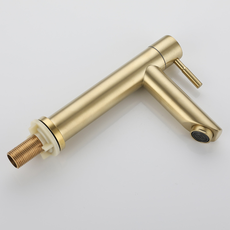 SUS304 stainless steel brushed gold single cold washbasin faucet, bathroom countertop basin, 4-inch interface pvd process details Picture